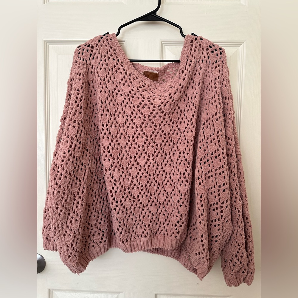 POL Chunky Chenille Crochet Open Knit Oversized Pink Muave Sweater Size L